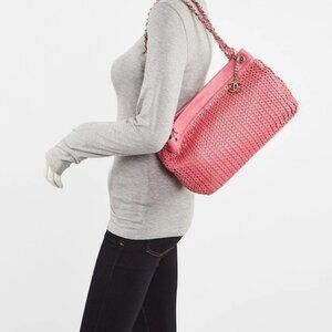 Chanel Pink Woven Leather CC Charm Medium Tote Bag